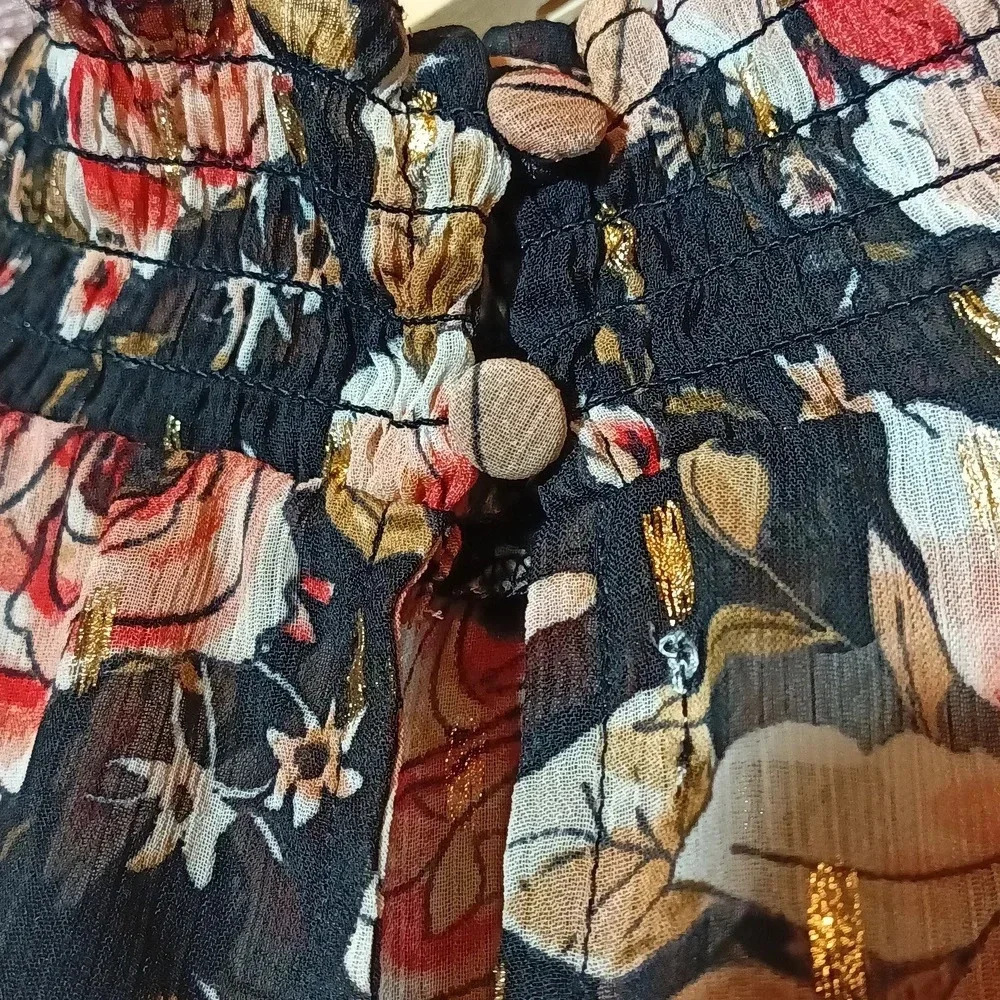 Floral sheer boho gathered mock neck flowy ruffle shimmer wide sleeve M - Picture 11 of 16
